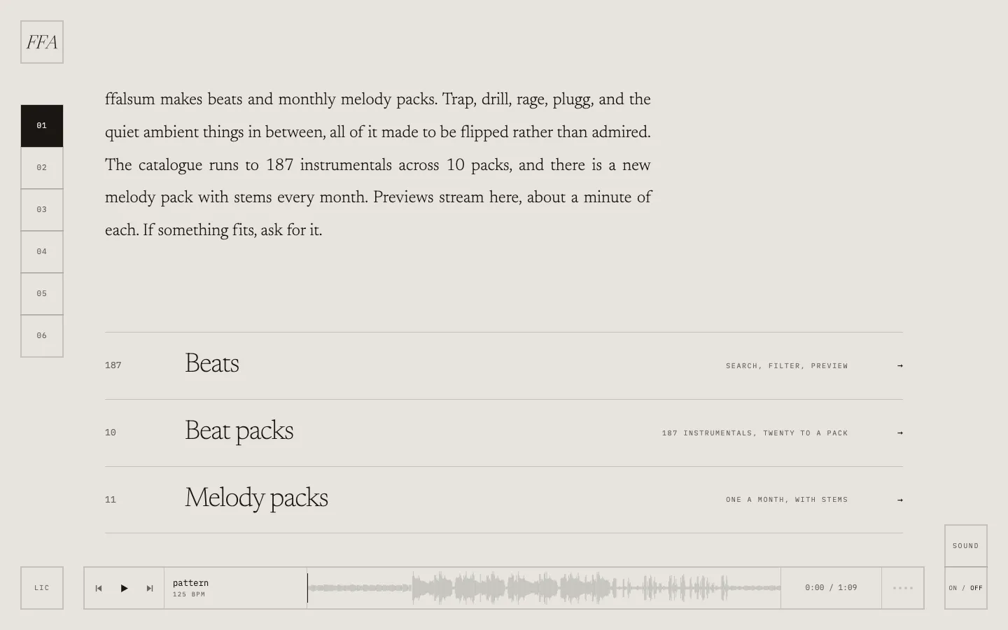 ffalsum homepage, scrolled